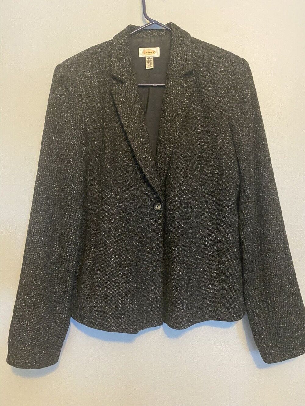 Vintage Talbots Sz 18 Black Tweed Wool Blend One Button Shldr Pads Blazer